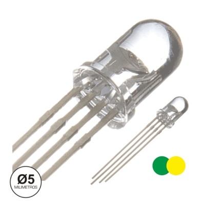 Dois LEDs transparentes com hastes metálicas, 5 milímetros, cores verde e amarelo