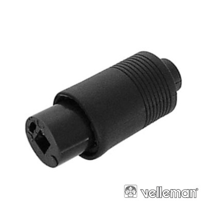 Adaptador de conetor preto cilíndrico com textura em relevo e logótipo Velleman