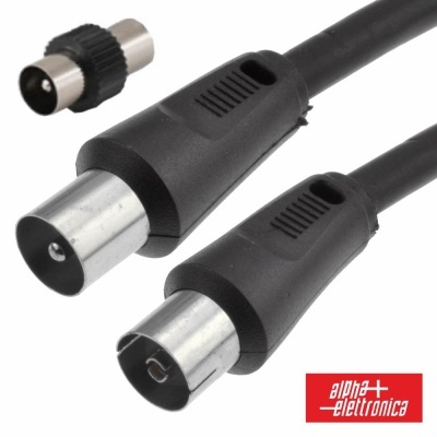 Cabo preto com conectores metálicos e logótipo alpha + elettronica