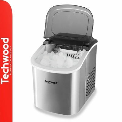 Máquina de fazer gelo portátil Techwood prateada com tampa transparente e gelo dentro