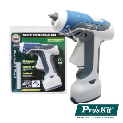Pistola de cola térmica a bateria cinza, branco e azul Pro'sKit em embalagem blister