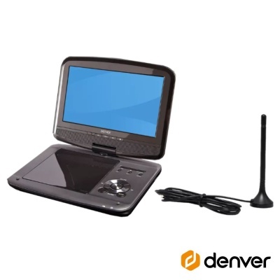 Leitor de DVD portátil preto com ecrã LCD azul e antena preta