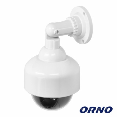 Câmara de vigilância branca com cúpula preta e suporte de parede, logotipo ORNO