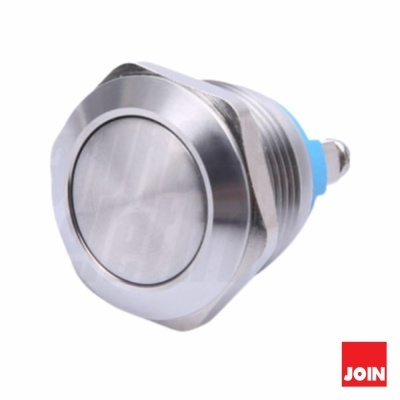 Botão metálico redondo prateado com rosca para fixação e texto JOIN em vermelho