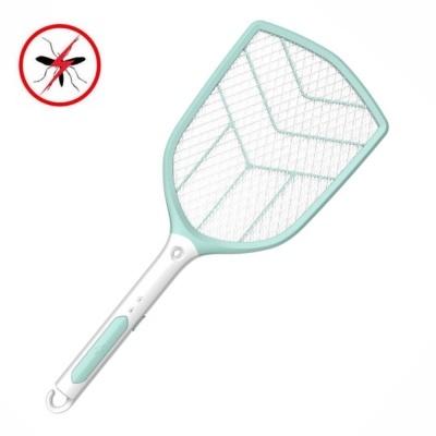 Raquete elétrica para insetos com design branco e azul claro, símbolo de mosquito riscado
