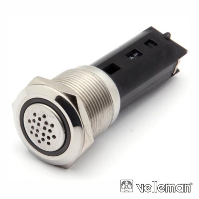 Botão táctil metálico e preto com orifícios, logo velleman ao lado.