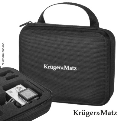 Mala preta rígida com alça e câmara de ação prateada dentro