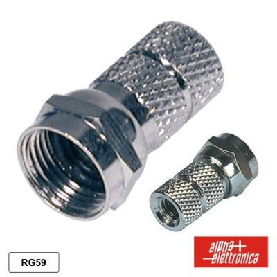 Conector coaxial metálico RG59 com logótipo Alpha Elettronica