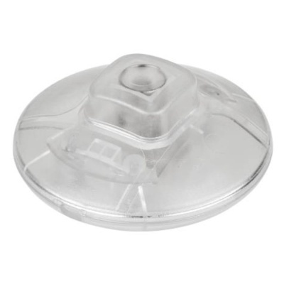 Objeto redondo transparente em plástico com parte central quadrada elevada