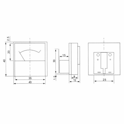 Diagrama técnico de medidor quadrado com dimensões em milímetros