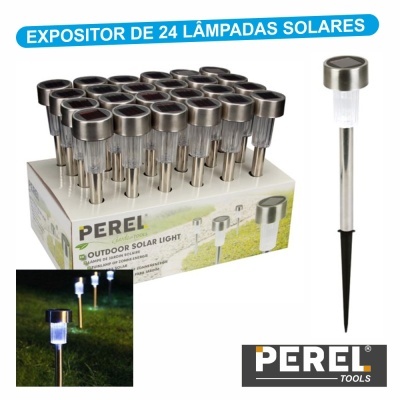 Expositor com 24 lâmpadas solares de aço inoxidável e plástico transparente, embalagem branca com texto e imagem do produto iluminado, marca PEREL