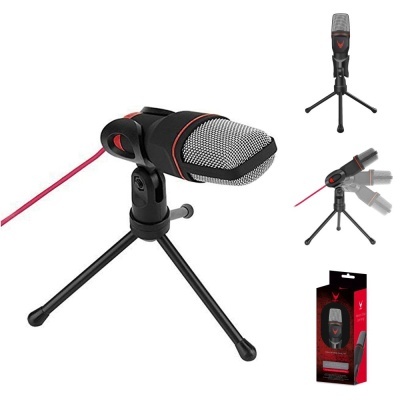 Microfone de mesa preto com tripé e detalhes vermelhos sobre fundo branco