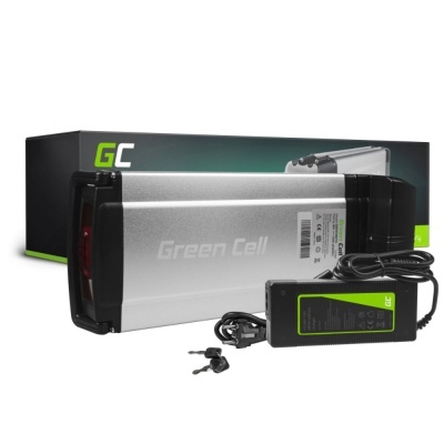 Bateria Green Cell prateada e preta com carregador, chaves e embalagem GC