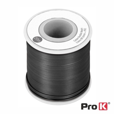 Bobina de fio elétrico preto em carretel branco com etiquetas e logótipo Pro K