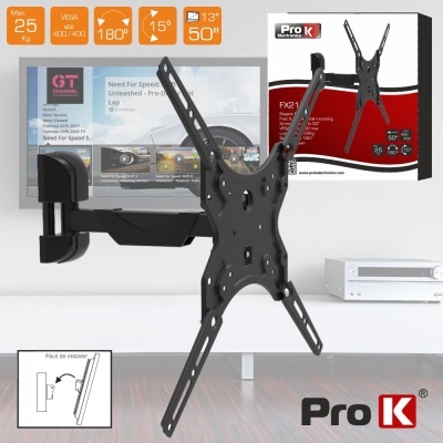Suporte de TV de parede Pro K FX21 preto com caixa e ícones de especificações