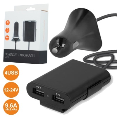 Carregador de carro preto com 4 portas USB e embalagem
