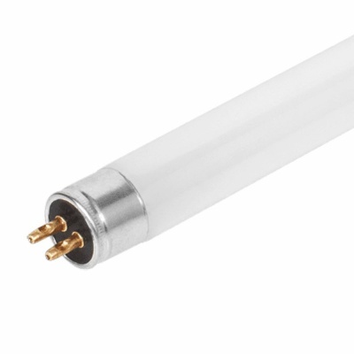 Lâmpada fluorescente tubular branca com extremidade metálica e três pinos dourados