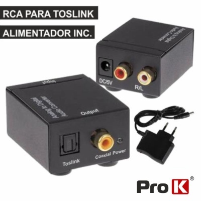 Conversor de áudio RCA para Toslink preto com entradas R/L e saída Toslink