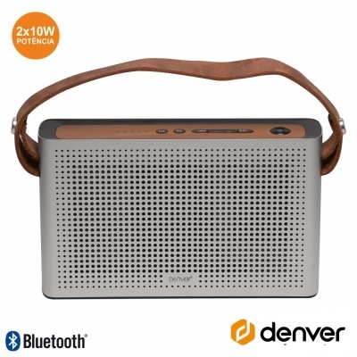 Coluna portátil Bluetooth Denver cinza com alça castanha e botões no topo
