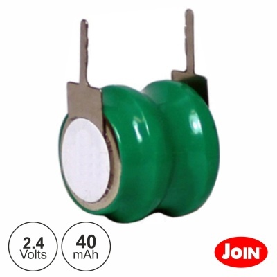 Bateria verde com dois terminais metálicos e marca JOIN