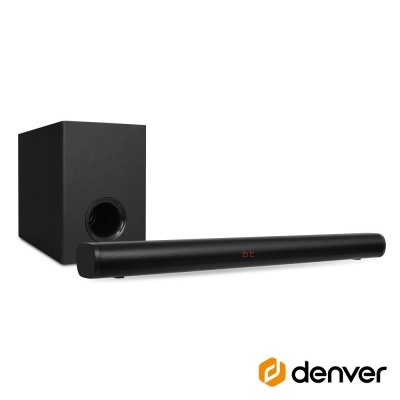 Sistema de áudio Denver com coluna preta e subwoofer