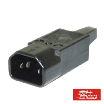Conector adaptador preto com três pinos e logotipo alpha elettronica vermelho
