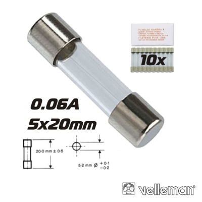 Fusível de vidro 0.06A 5x20mm com embalagem 10 unidades Velleman