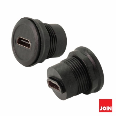 Adaptadores de conector USB micro-B pretos com roscas e logótipo JOIN