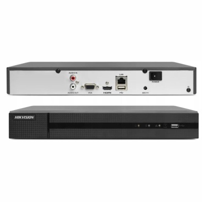 Gravador digital Hikvision preto com várias portas na traseira