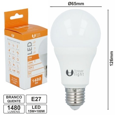Lâmpada LED branca quente 15W E27 com embalagem laranja e branca