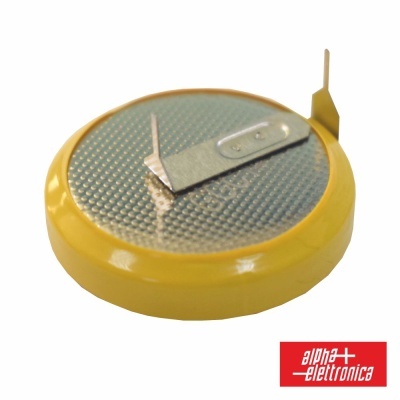 Pilha botão revestida a amarelo com terminal metálico à vista