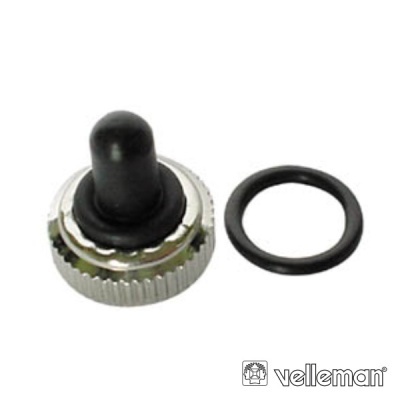 Botão interruptor tipo toggle com base metálica prateada e cabo preto, com anel de vedação preto, fundo branco