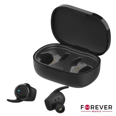 Auriculares wireless pretos com estojo de carregamento aberto