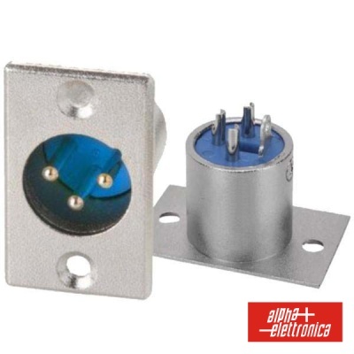 Conector XLR metálico prateado com isolamento azul e logotipo alpha elettronica