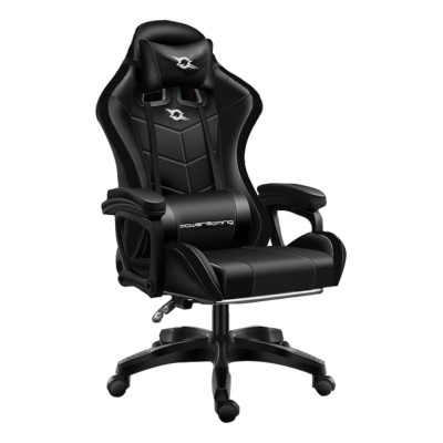 cadeira de gaming preta com apoios e base giratória