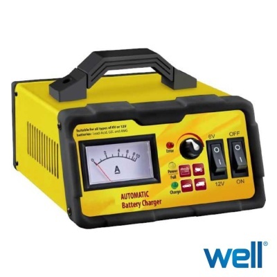 Carregador de bateria amarelo com preto com alça e medidor analógico