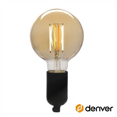 Lâmpada LED de filamento transparente com suporte preto e logo Denver