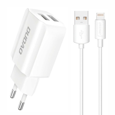 Carregador duplo USB branco com cabo Lightning e plugue europeu