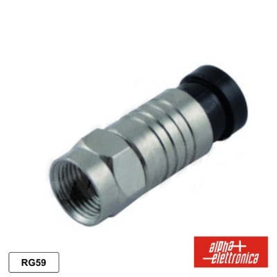 Conector coaxial metálico com rosca e detalhe preto, texto RG59 e logo alpha elettronica.