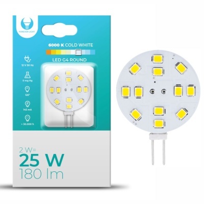 Lâmpada LED G4 redonda 25 W 6000K com embalagem azul e branca