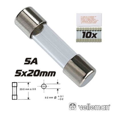 Fusível cilíndrico vidro 5A 5x20mm com embalagem 10x Velleman