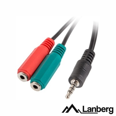 Cabo áudio estéreo Lanberg com conector jack 3,5 mm preto e tomadas vermelha e verde.