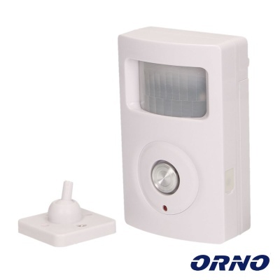Sensor de movimento branco com botão e suporte ao lado e logo ORNO