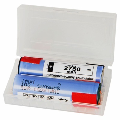 Estojo plástico com duas pilhas recarregáveis azuis e branco com texto