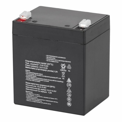 Bateria preta recarregável com terminais vermelho e branco e texto técnico na lateral