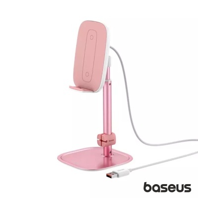 Suporte para smartphone rosa com carregador sem fios e cabo USB branco