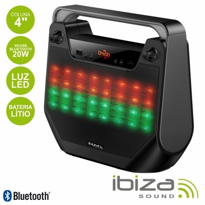 Coluna portátil preta Ibiza Sound com luzes LED vermelhas e verdes e ecrã digital