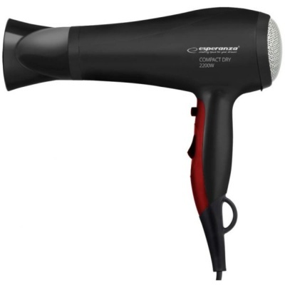 Secador de cabelo preto com pormenores vermelhos e texto branco