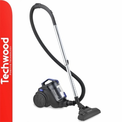 Aspirador de pó Techwood preto com recipiente transparente e alça azul.
