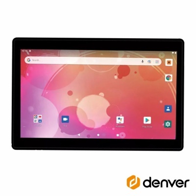 Tablet digital preto com ecrã colorido e logótipo denver